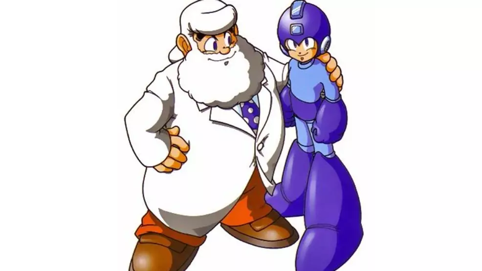 Dr. Light with his arm around the mega man.