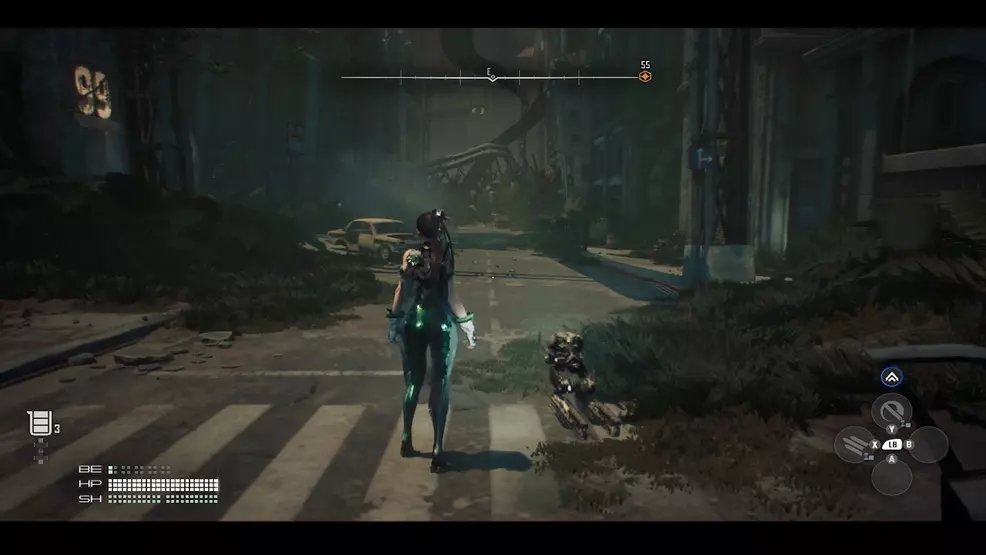 Eve standing in the middle of a road in staller blade