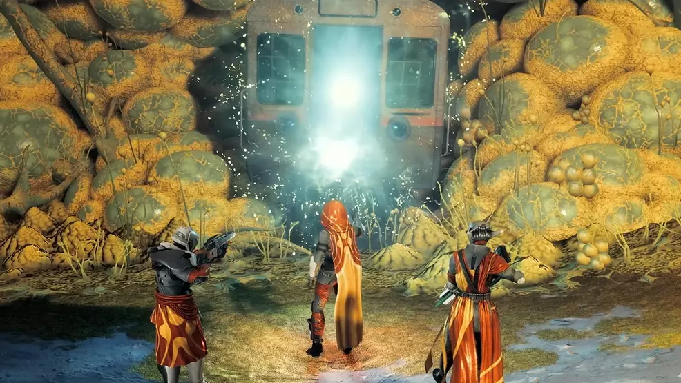 A squad of Guardians prepares to enter a portal affixed to a bus in Destiny 2: The Edge of Fate.