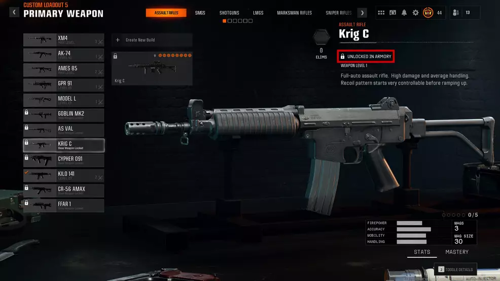 Krrig C was unlocked in Armary in Call of Duty: Black Oms 6