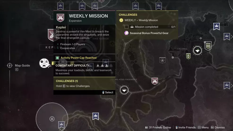 The weekly Kepler campaign mission select screen in Destiny 2: The Edge of Fate