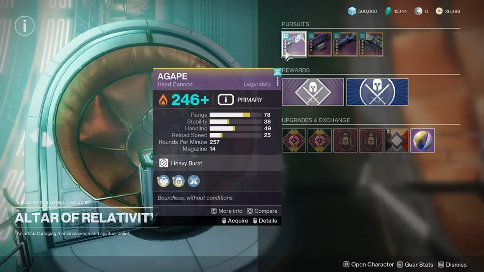 A Tier 4 Hand Cannon available at the Altar of Relativity in Destiny 2: The Edge of Fate