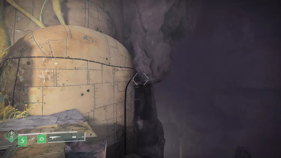 A somewhat hidden, small platform holding a Relocator pad while hunting for catalysts for the Graviton Spike Exotic Hand Cannon in Destiny 2: The Edge of Fate