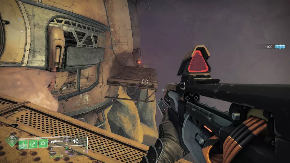 A small platform over a yawning chasm leading to a Relocator cannon while hunting for the Graviton Spike Exotic Hand Cannon in Destiny 2: The Edge of Fate