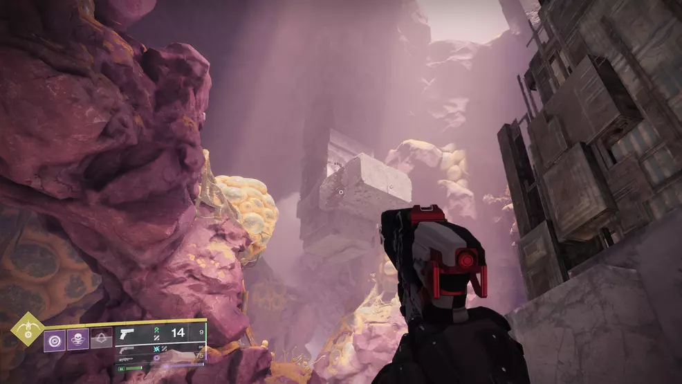 A hanging stone formation holding a Relocator pad while huntng catalyst fragements in the Graviton Spike Exotic Hand Cannon in Destiny 2: The Edge of Fate