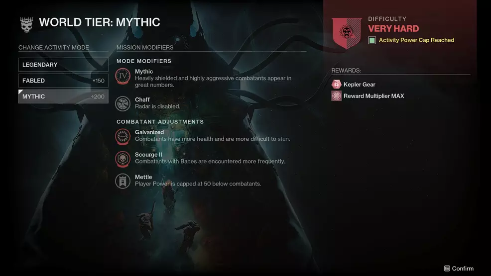 The Mythic difficulty selection screen in Destiny 2: The Edge of Fate