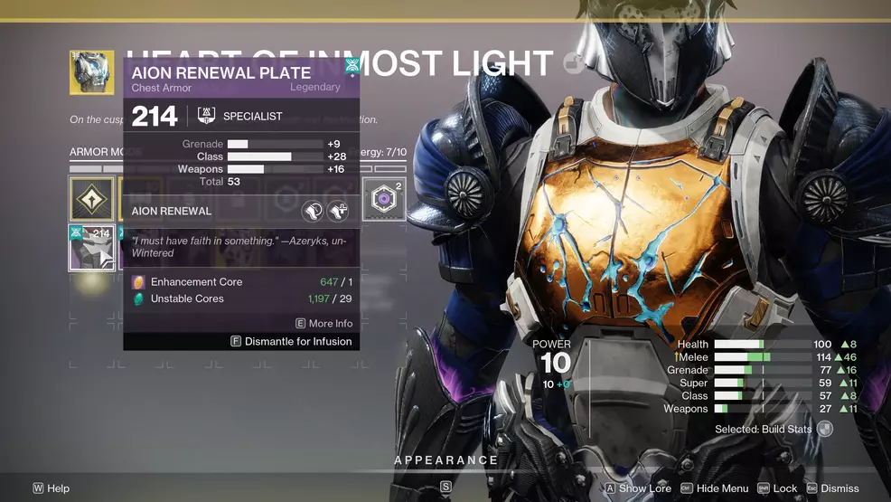 Using Unstable Cores to infuse an armor piece in Destiny 2