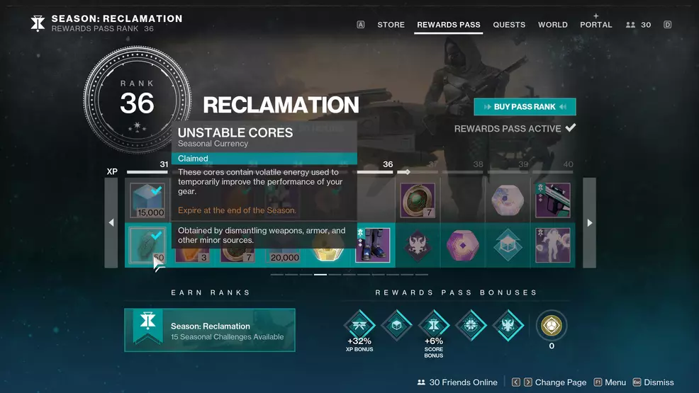 Getting Unstable Cores off of the Rewards Pass in Destiny 2