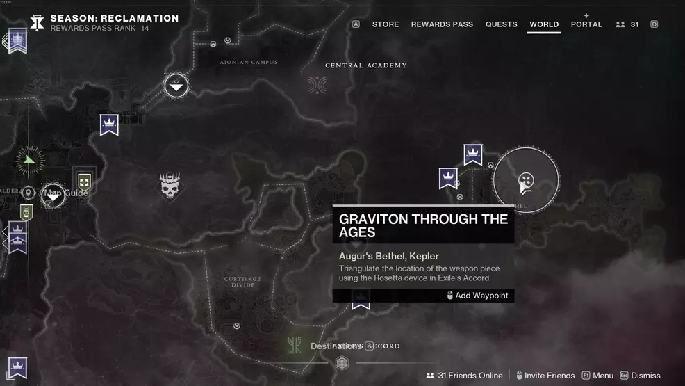 The map location for the Exile's Accord Rosetta terminal on Kepler in Destiny 2