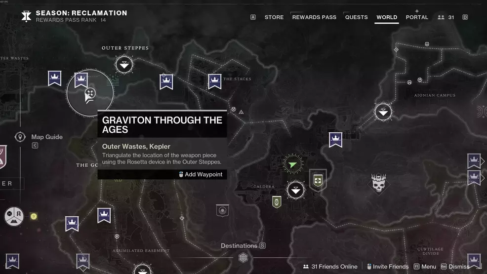 The map showing a Rosetta Terminal location in the Outer Steppes in Destiny 2