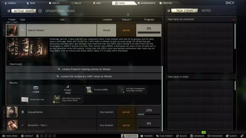 Search mission task screen in escaping from Tarcov