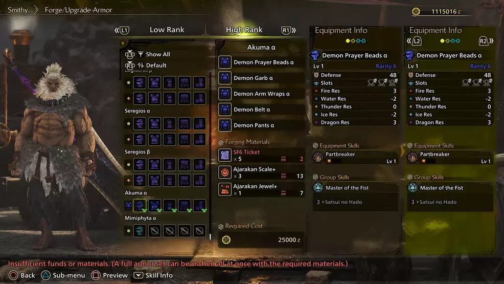 Craft screen for Akuma Kavach in Monster Hunter Wilds