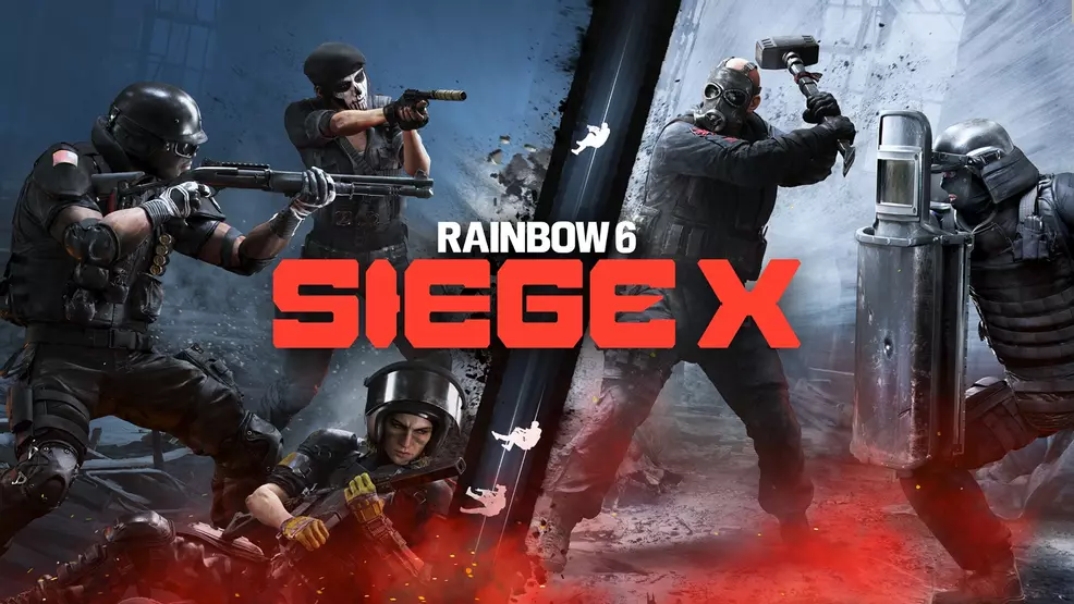 Rainbow six siege ex -key art is characterized by several armed fighters on either side of a braking door.
