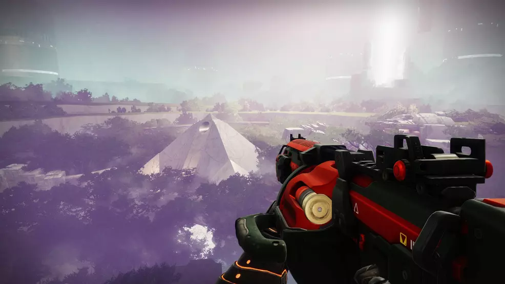 A Guardian holding the Outrageous Fortune grenade launcher in the Encore activity in Destiny 2