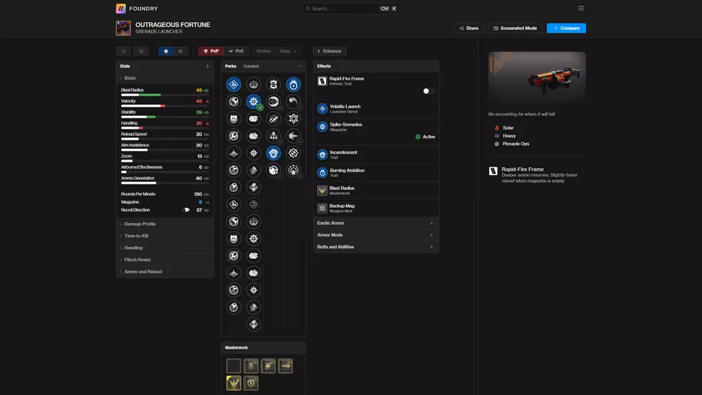 The D2Foundry page for the PvE god roll Outrageous Fortune grenade launcher in Destiny 2