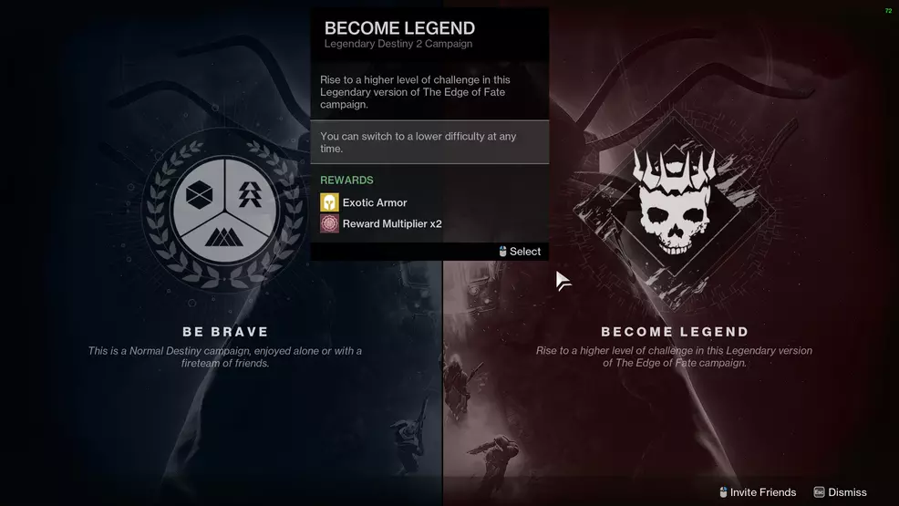 The Edge of Fate campaign with Become Legend selected