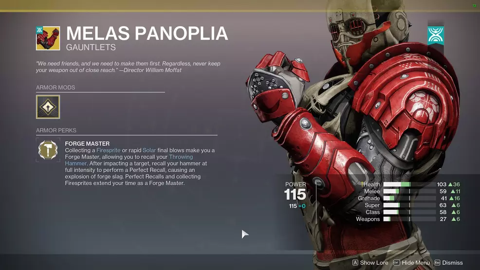 Melas Panoplia Exotic perk • Forge Master: Collecting a Firesprite of rapid Solar final blows make you a Forge Master, allowing you to recall your Throwing Hammer. After impacting a target, recall your hammer at full intensity to perform a Perfect Recall, causing an explosion of forge slag. Perfect Recalls and collecting Firesprites extend you time as a Forge Master.