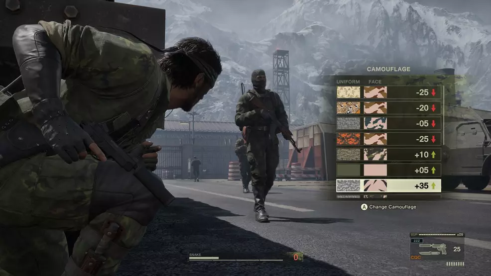 Snake hides from a soldier behind a tank while the player goes through a camo outfit menu in Metal Gear Solid Delta: Snake Eater.