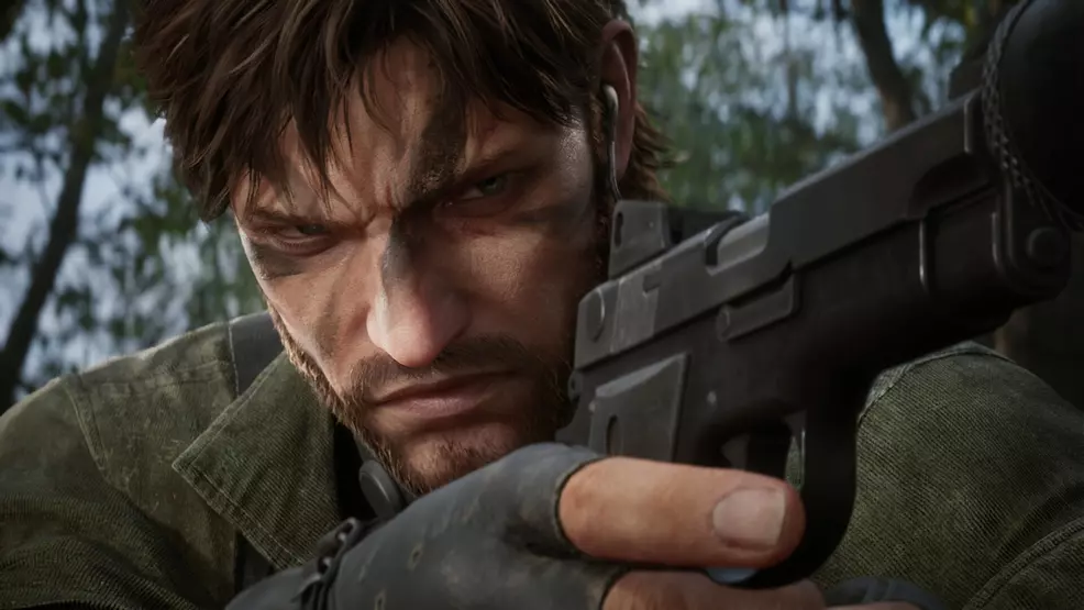 Snake looking down the sights of a pistol in Metal Gear Solid Delta: Snake Eater.