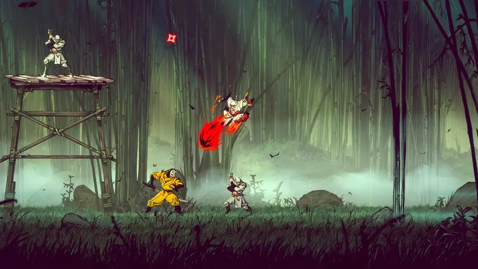 Fighting enemies in the forest with a dive kick in Shinobi: Art of Vengeance