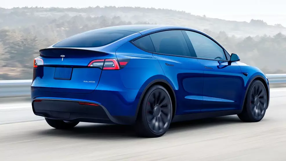 The back of a blue Tesla Model Y.