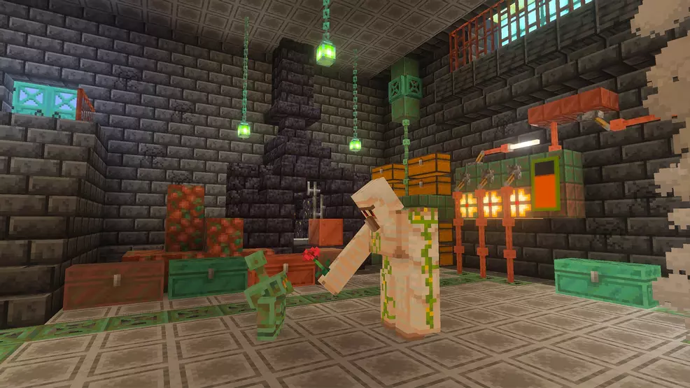 Iron Golem gives Copper Golem a flower.