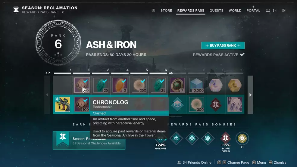The Destiny 2 Ash and Iron Season: Reclamation Rewards Pass showing Chronologs in Destiny 2.