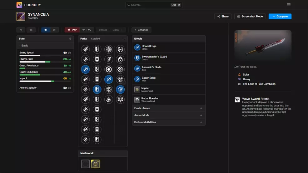 The D2Foundry page for the Synanceia PvP god roll in Destiny 2.