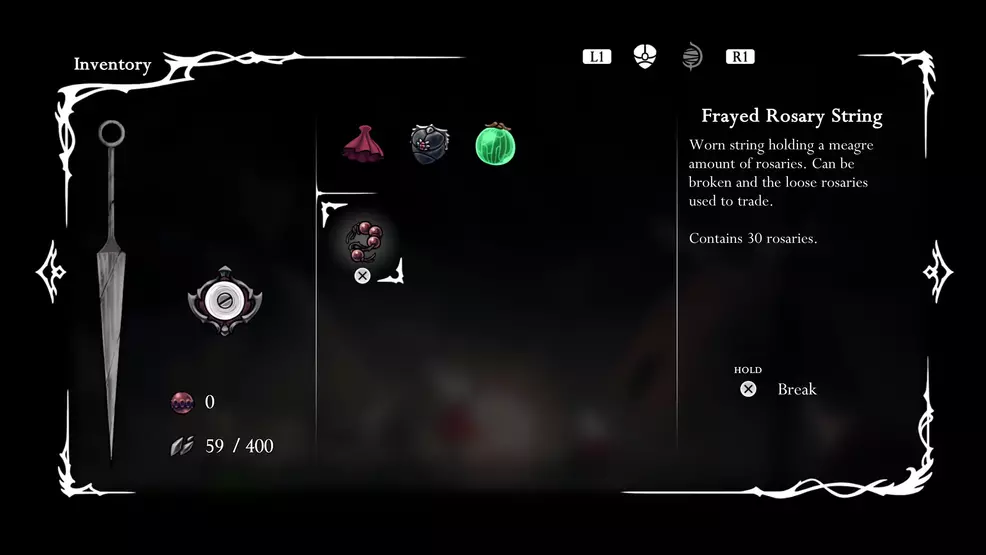 A Frayed Rosary String item in the inventory in Hollow Knight: Silksong