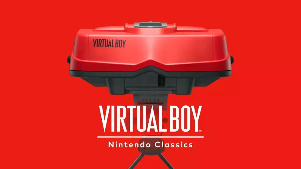 The Virtual Boy on a red background.