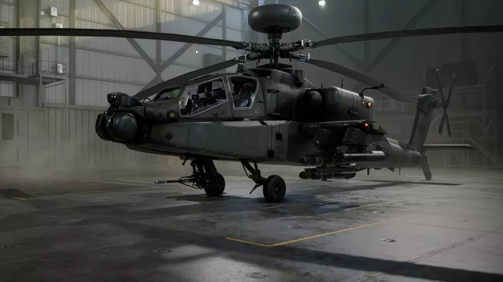 An attack helicopter in a hanger in Battlefield 6.