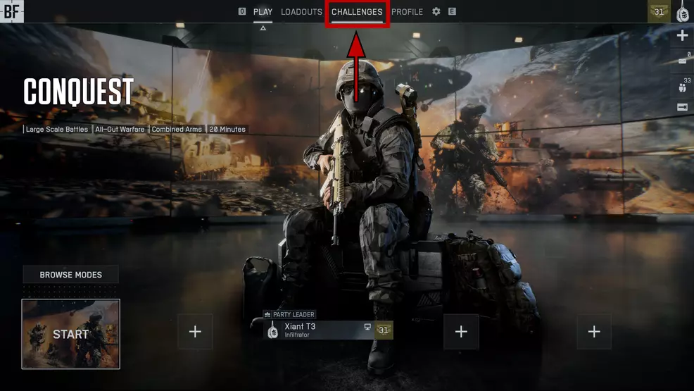 An arrow pointing to the Challenges tab on the main lobby screen in Battlefield 6.