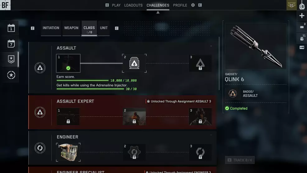The class assignment challenge page in Battlefield 6.