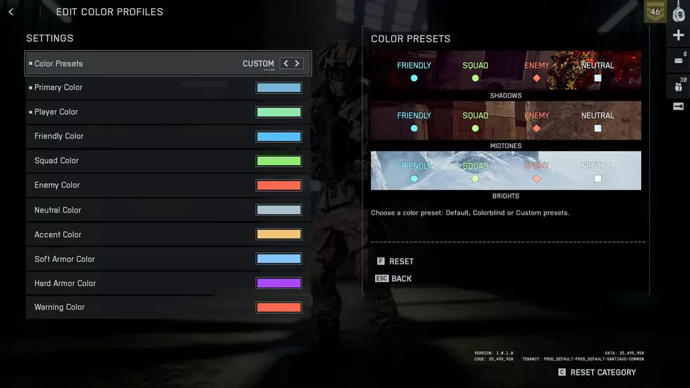 The color settings presets in Battlefield 6.