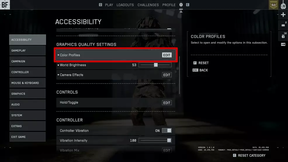 The color settings submenu in Battlefield 6.