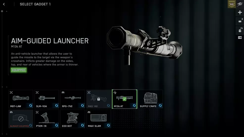 The M136 AT Launcher gadget screen in Battlefield 6.