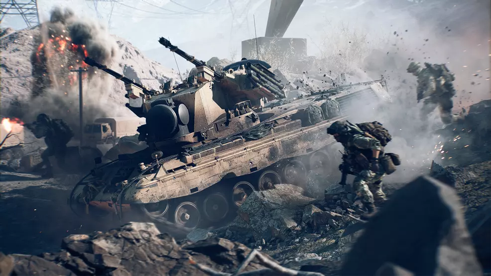 A promotional image for Battlefield 6 showing soldiers near an anti-air vehicle.