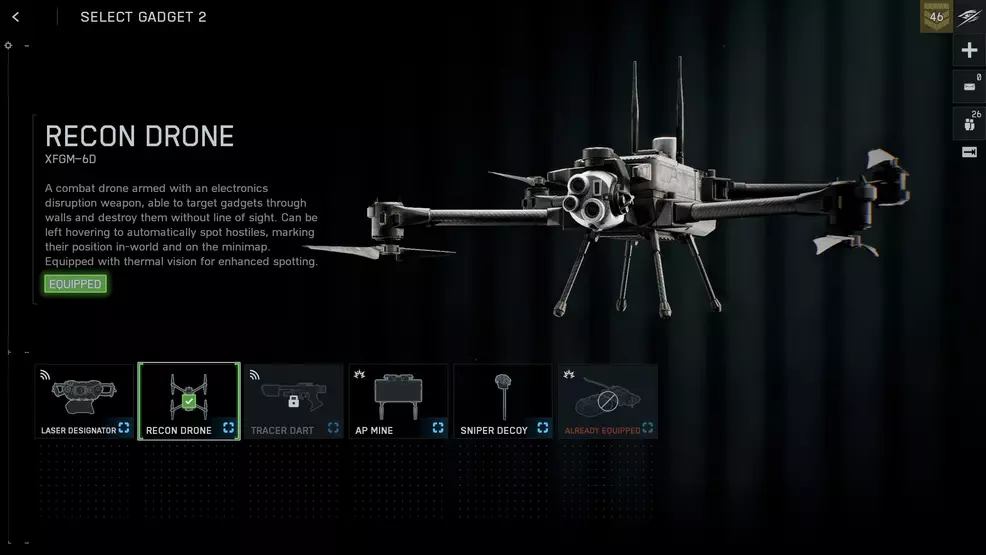 The Recon Drone gadget screen in Battlefield 6.