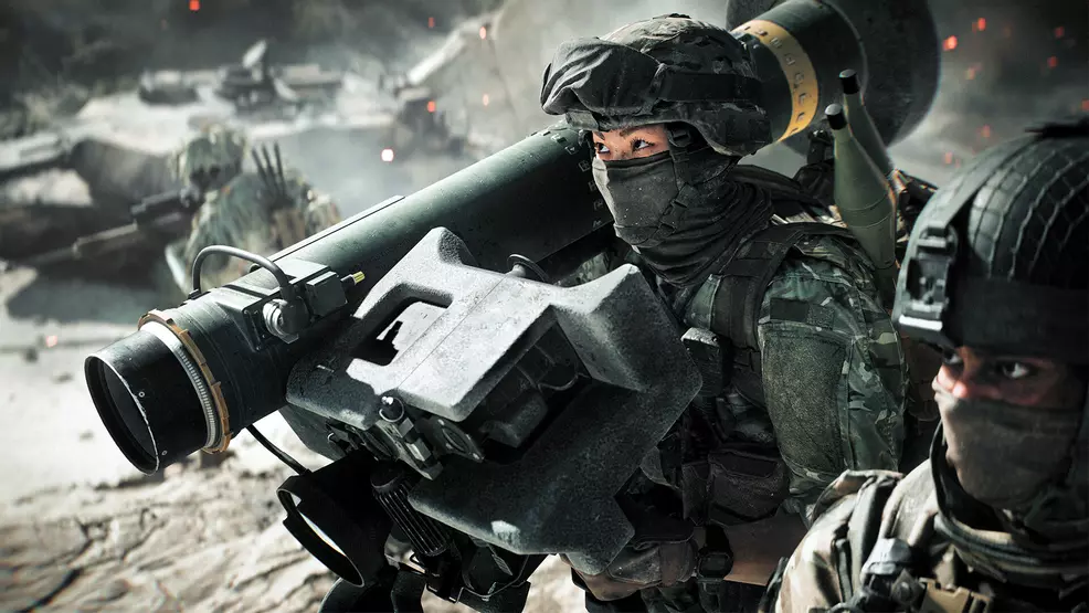 A promotional image for Battlefield 6 showing a lone soldier with a rocket launcher.