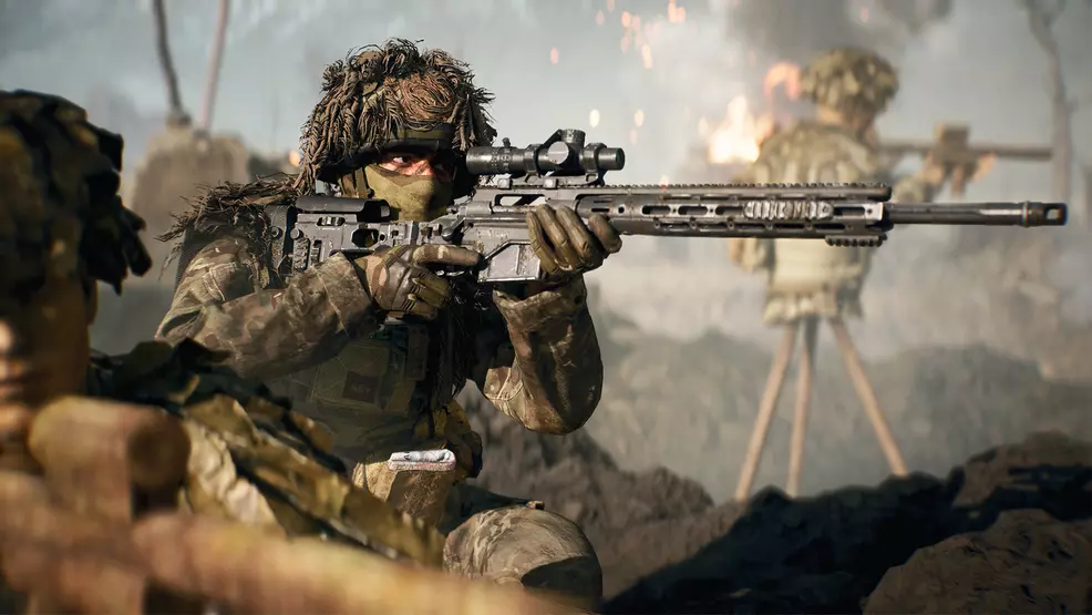 A promotional image for Battlefield 6 showing a sniper.