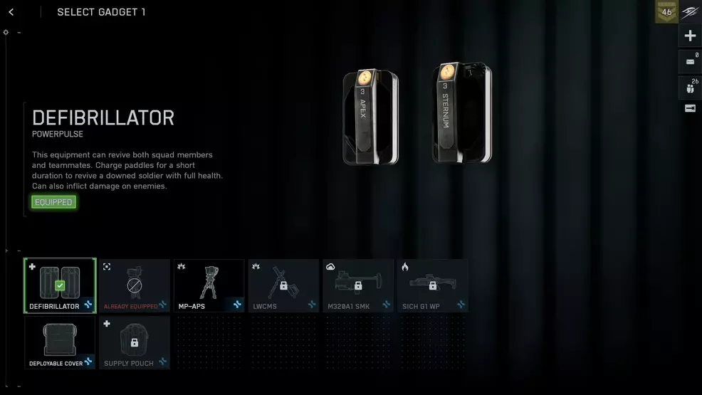 The Defibrillator gadget screen in Battlefield 6.