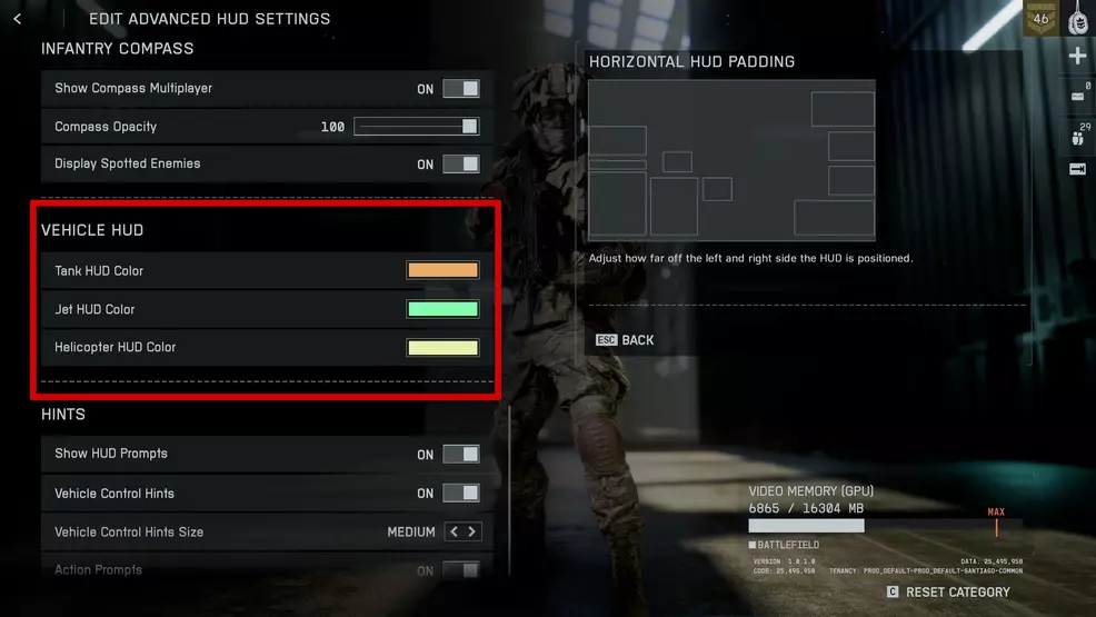The Vehicle HUD color settings in Battlefield 6.