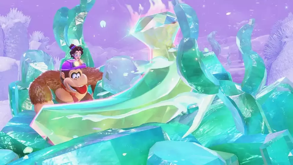Donkey Kong and Pauline looking at an emerald banandium gem.