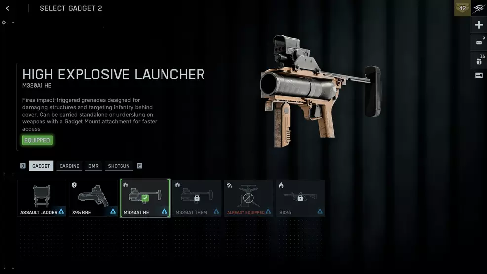 The High Explosive Launcher equipped in the Gadget screen