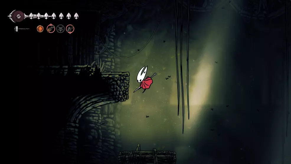 Jumping up toward the platform that leads to the breakable wall before the Key of Apostate in Hollow Knight: Silksong.