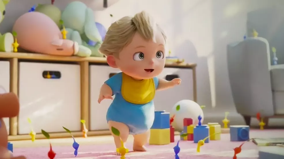 A baby surrounded by blue, red, and yellow Pikmin as it stands up.