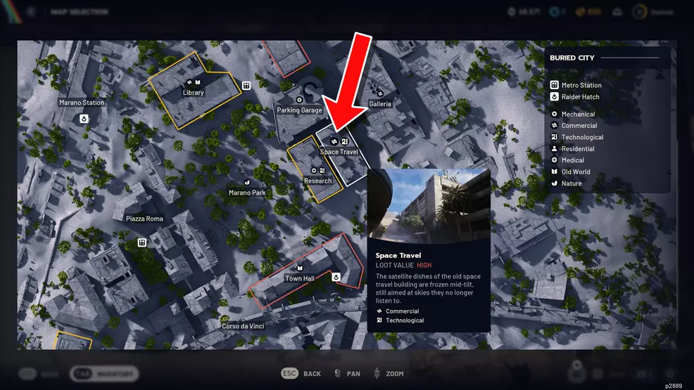 Buried City map with an arrowing pointing at the Space Travel building