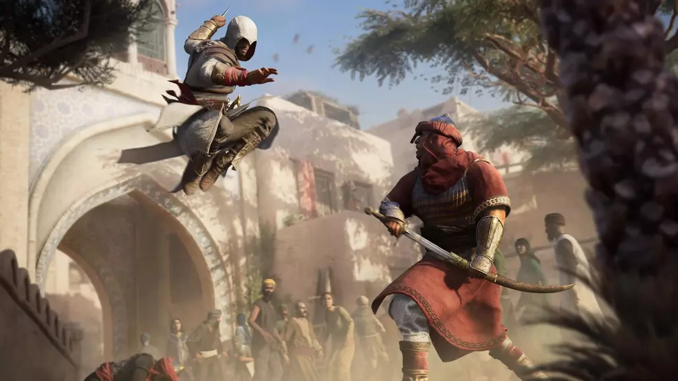 Basim from Assassin's Creed Mirage, leaping towards an enemy.