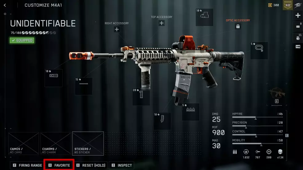 The weapon favorite button in the customization screen in Battlefield 6.