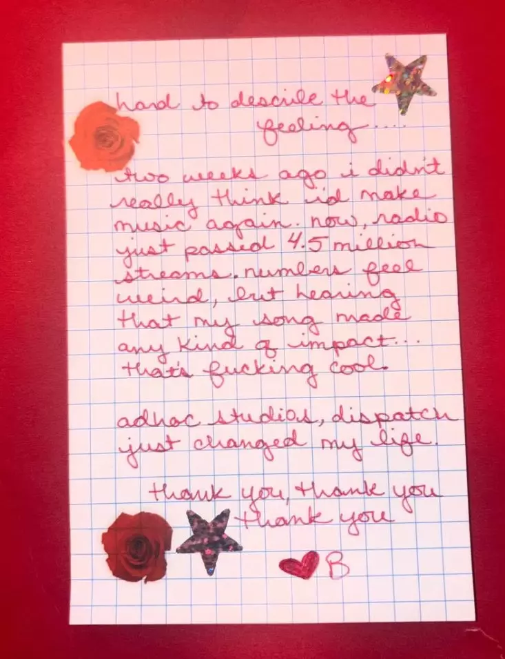 Bershy's statement on her song's newfound success, written in red ink on line paper.